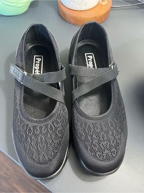Propet Black Knit Mary Jane Loafers with Cross Straps